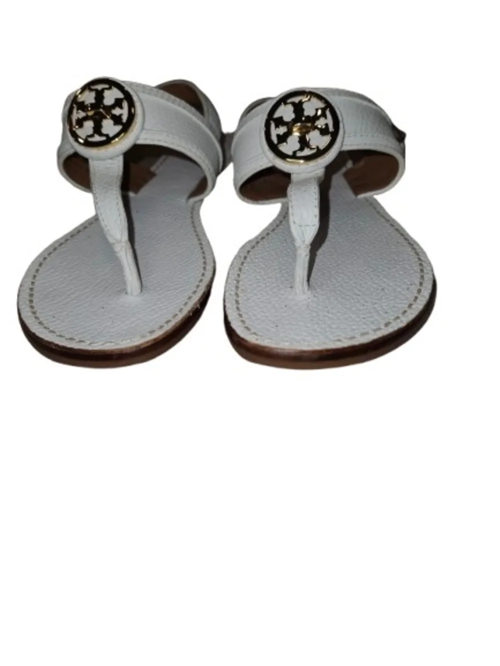 Tory Burch Selma White Leather Slingback Thong Flat Sandals Gold Logo Size 7.5